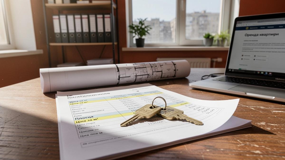 Advisor desk in a Kyiv office with an apartment dossier, floor plan printouts and keys
