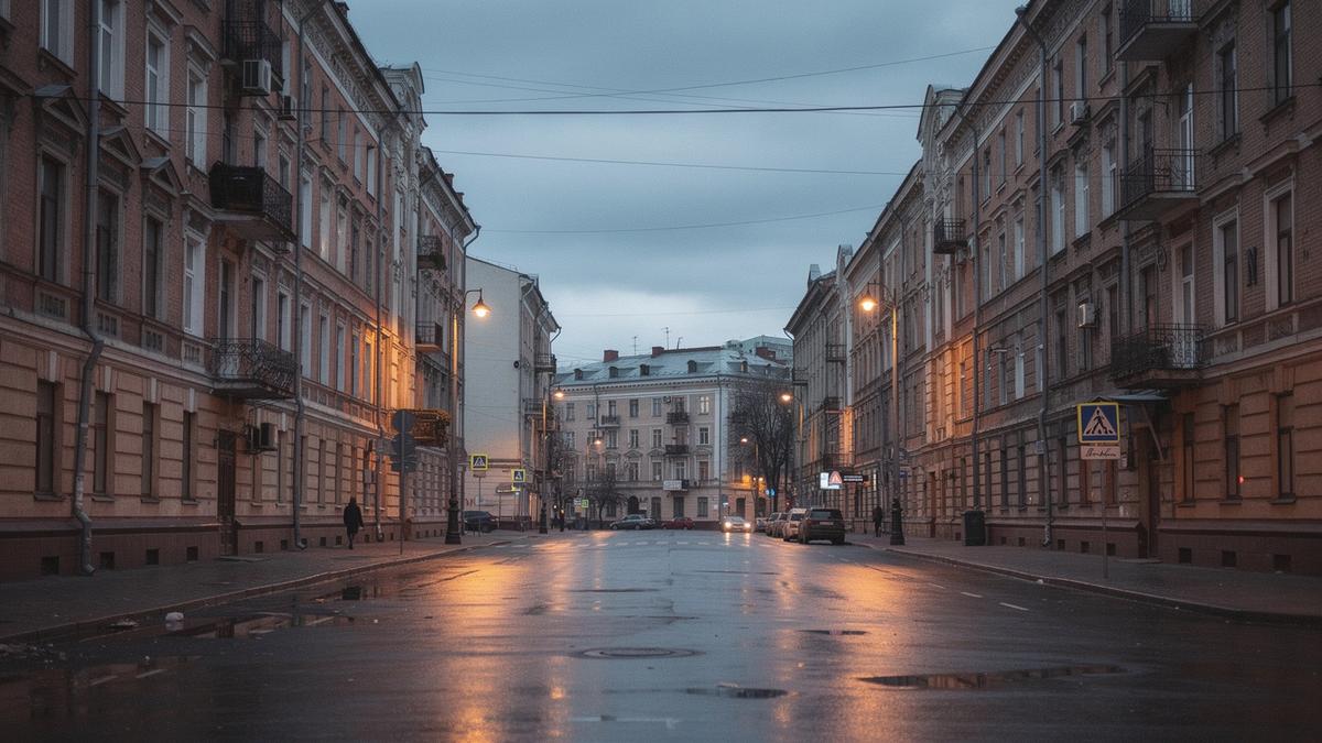 Central Kyiv street lined with late nineteenth century apartment buildings at dusk