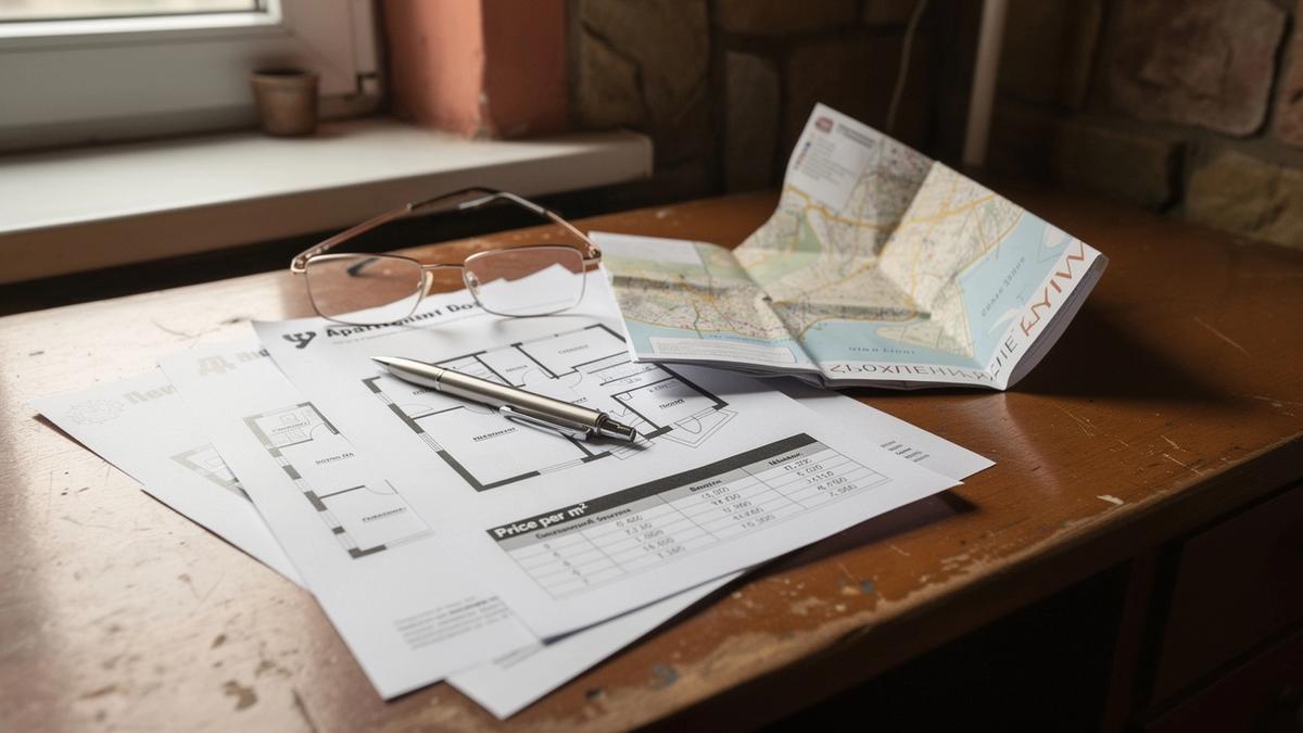 Printed apartment dossier open on a desk with floor plans and a Kyiv district map beside a laptop