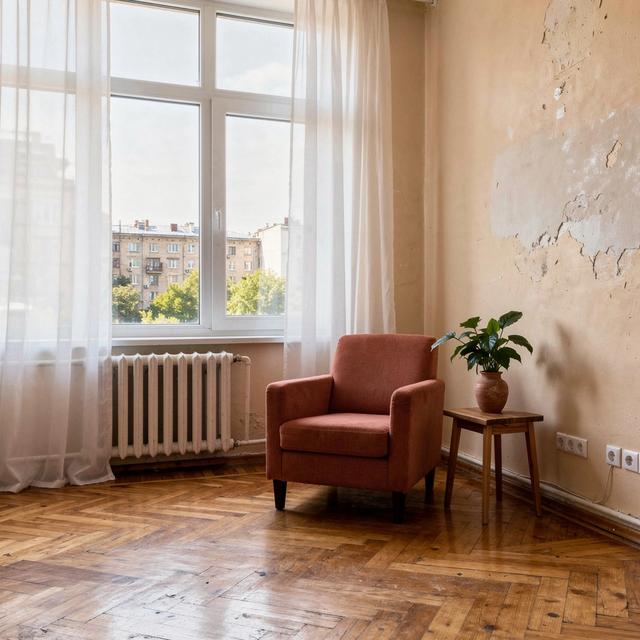 Restored Kyiv apartment living room with tall windows and oak parquet