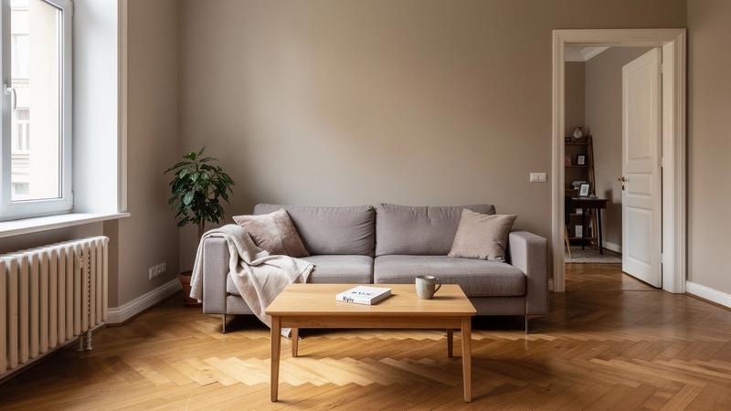 Living room of a two-room apartment on Ivan Mazepa Street in Pechersk, Kyiv, with tall windows and parquet flooring