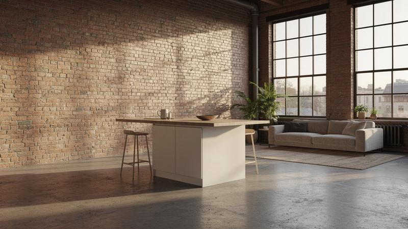 Open-plan loft interior on Nyzhniy Val Street in Podil, Kyiv, with exposed brick walls and steel-framed windows