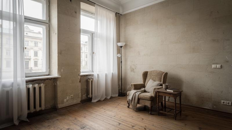 Corner sitting room of a three-room apartment on Yaroslaviv Val Street in Kyiv with high ceilings and tall sash windows