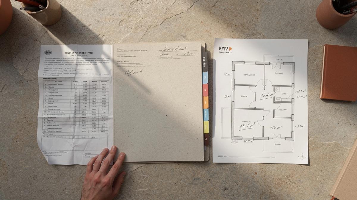 Fee schedule and dossier folder on a desk beside a Kyiv apartment floor plan