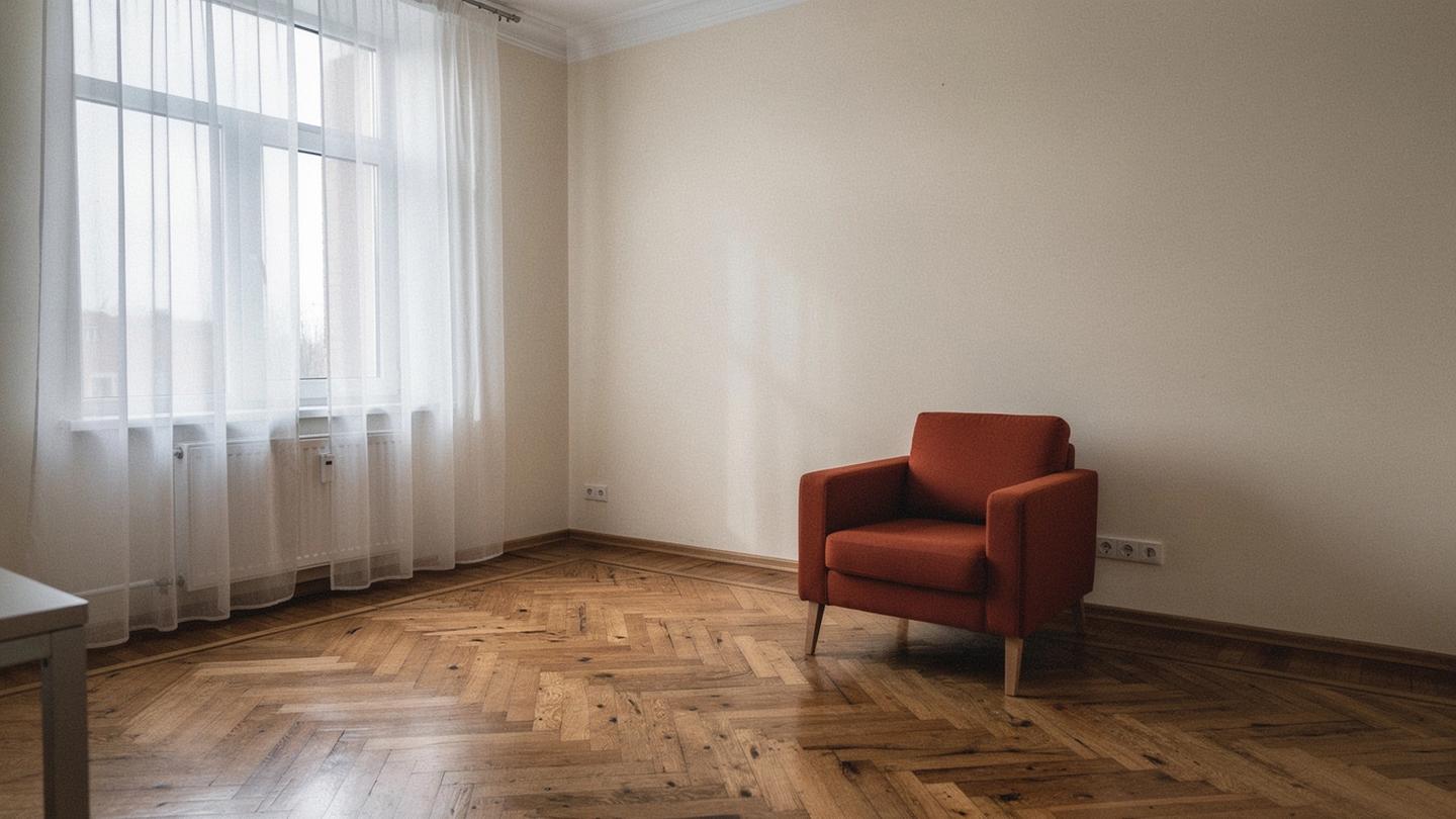 Living room of a renovated Kyiv apartment with tall windows and herringbone parquet