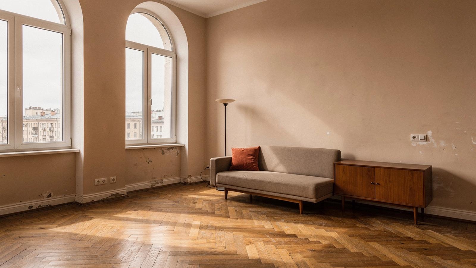 Interior of a Kyiv apartment with tall windows, herringbone parquet and warm neutral furnishings