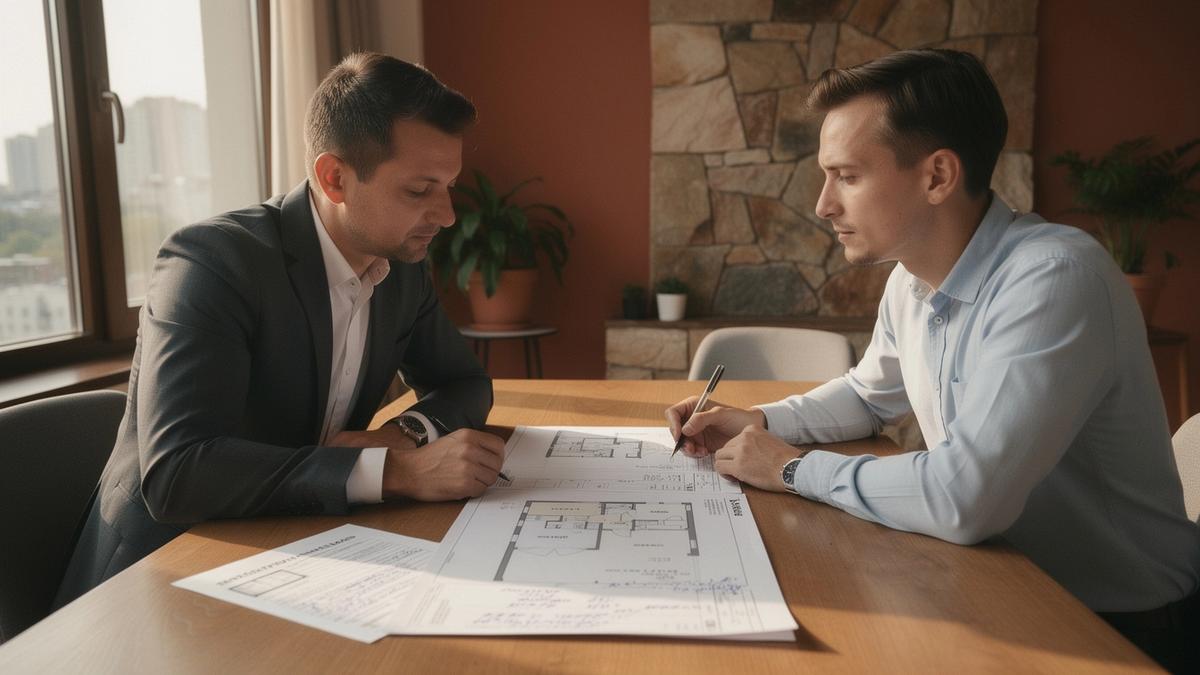 Advisor and buyer reviewing a Kyiv apartment dossier at a table