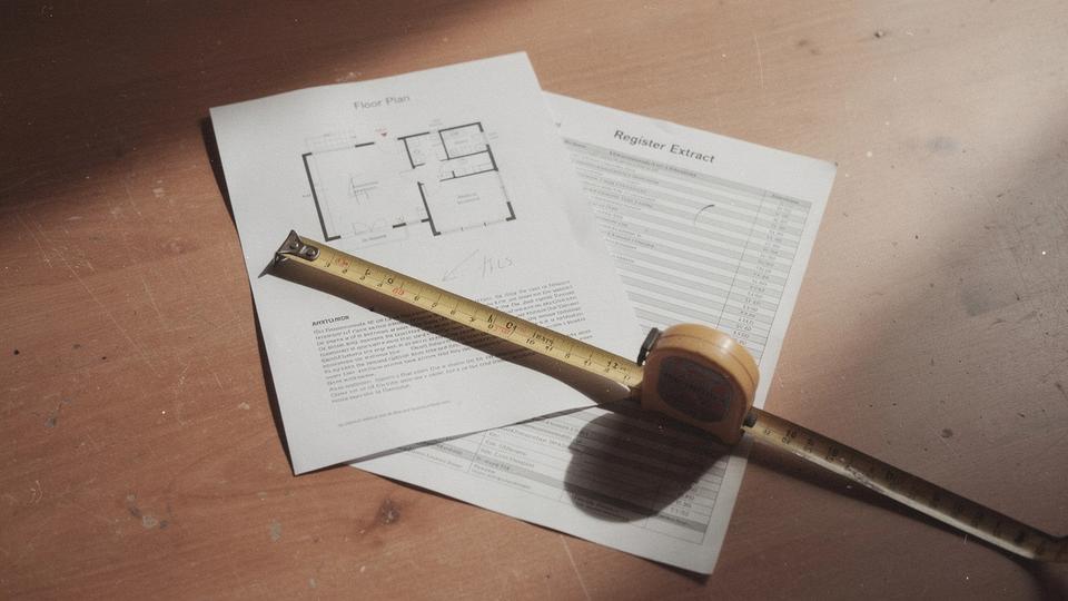 Dossier page with a marked-up floor plan beside a register extract on a desk